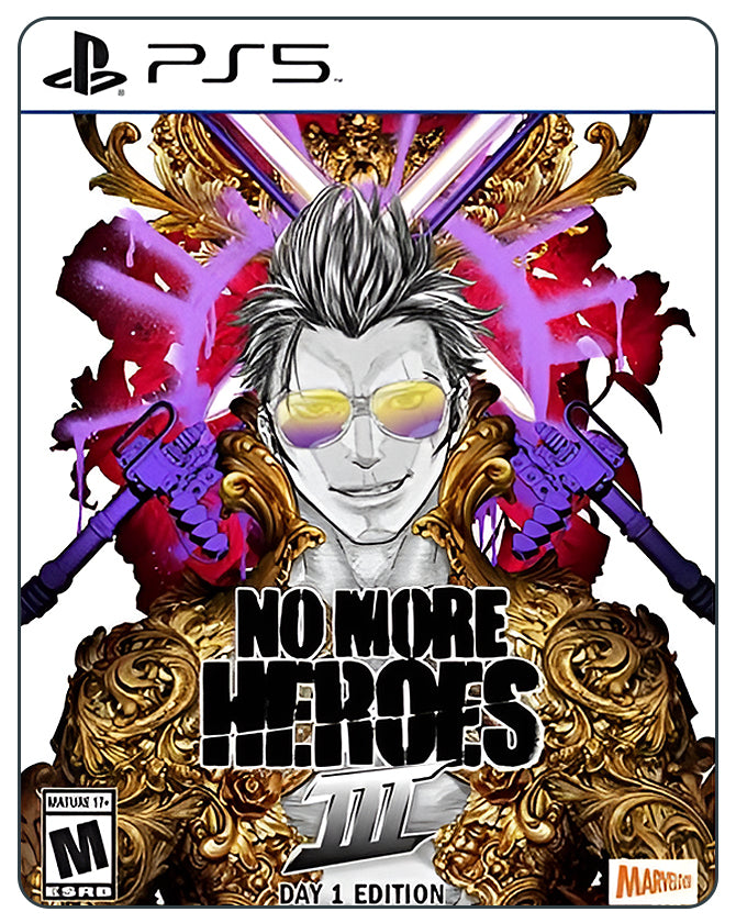 No More Heroes 3 Day 1 Edition PS5 cover featuring Travis Touchdown with beam katana, ready for over-the-top alien battles.