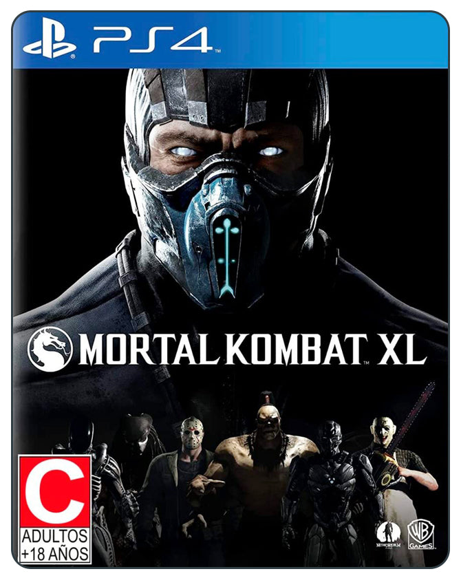 Mortal Kombat XL PS4 cover with Scorpion masked in black, hinting at brutal combat, fatalities, and DLC content included.