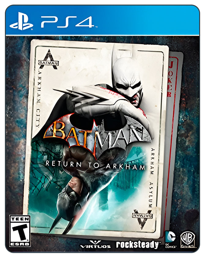 Batman: Return to Arkham PS4 game cover featuring remastered Arkham Asylum and Arkham City with dark superhero action