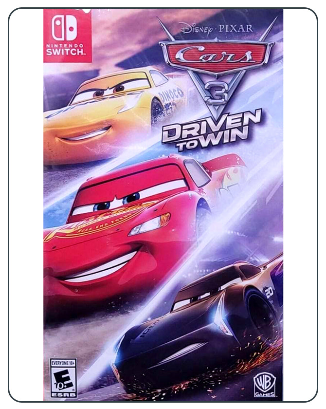 Cars 3 Driven to Win Switch cover showing Lightning McQueen racing action in Disney Pixar’s animated world.
