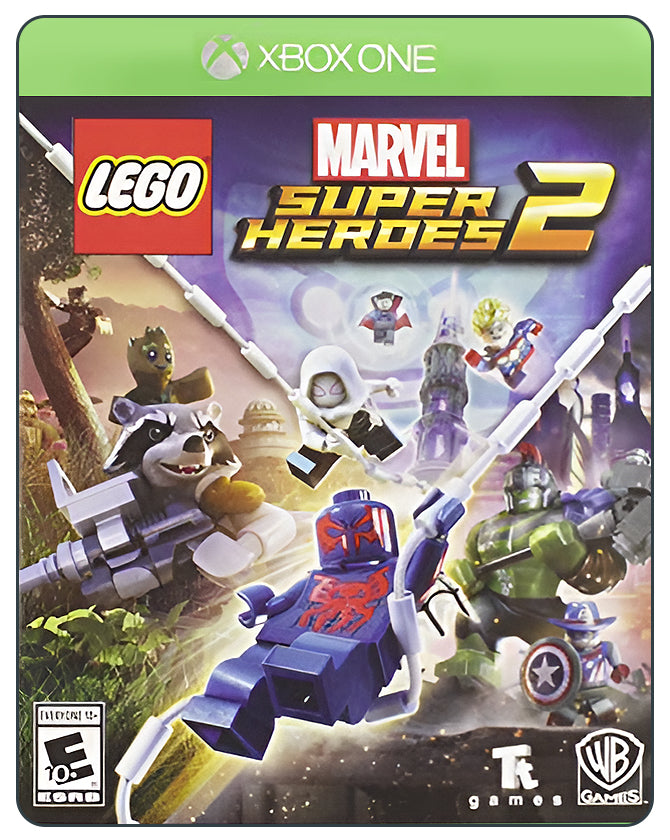 Lego Marvel Super Heroes 2 Xbox cover with iconic heroes like Spider-Man and Hulk in colorful Lego universe.