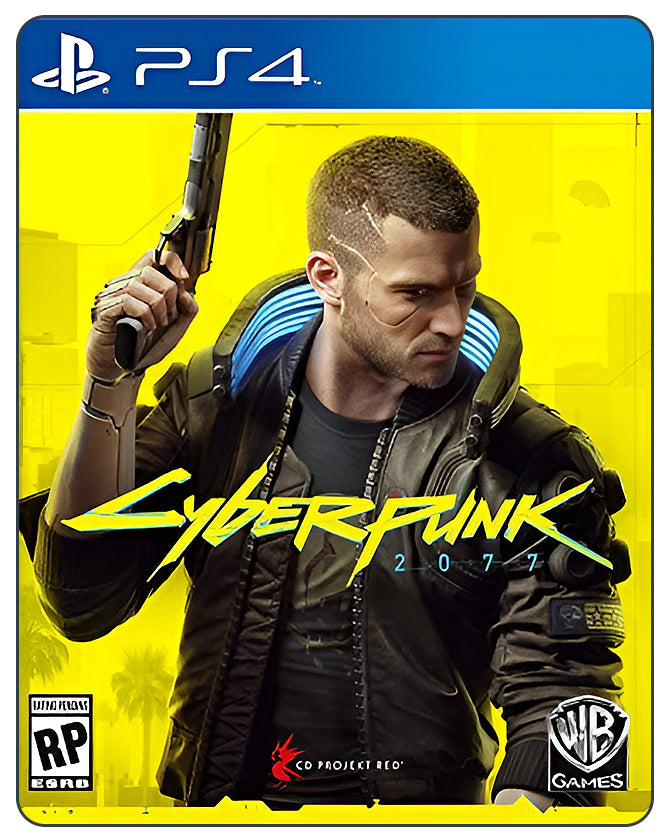 Cyberpunk 2077 PS4 cover showing V holding a pistol in a neon-lit futuristic city, highlighting RPG and open-world action.