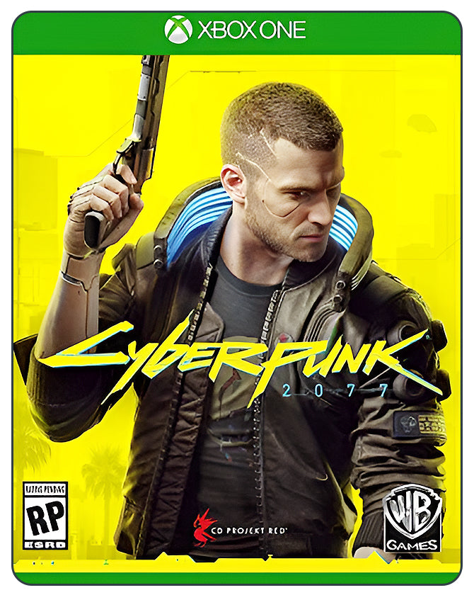 Cyberpunk 2077 Xbox One cover with V holding a pistol in a neon-lit futuristic city, highlighting action and open-world gameplay.