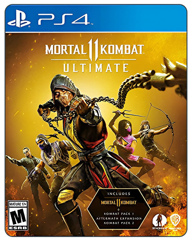 Mortal Kombat 11 Ultimate PS4 cover with Scorpion mid-action, fiery background, and iconic tournament logo.