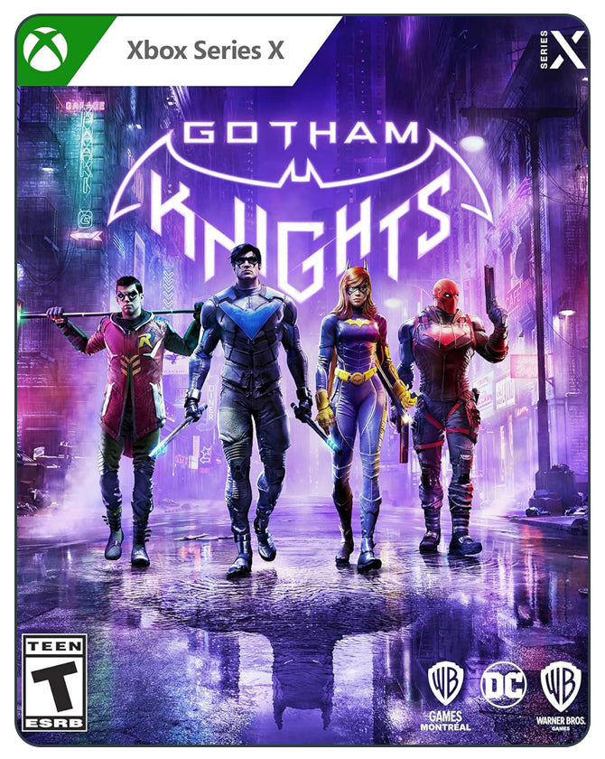 Gotham Knights Xbox Series X cover with Bat-family heroes walking in a dark city, ready to defend Gotham after Batman’s fall.